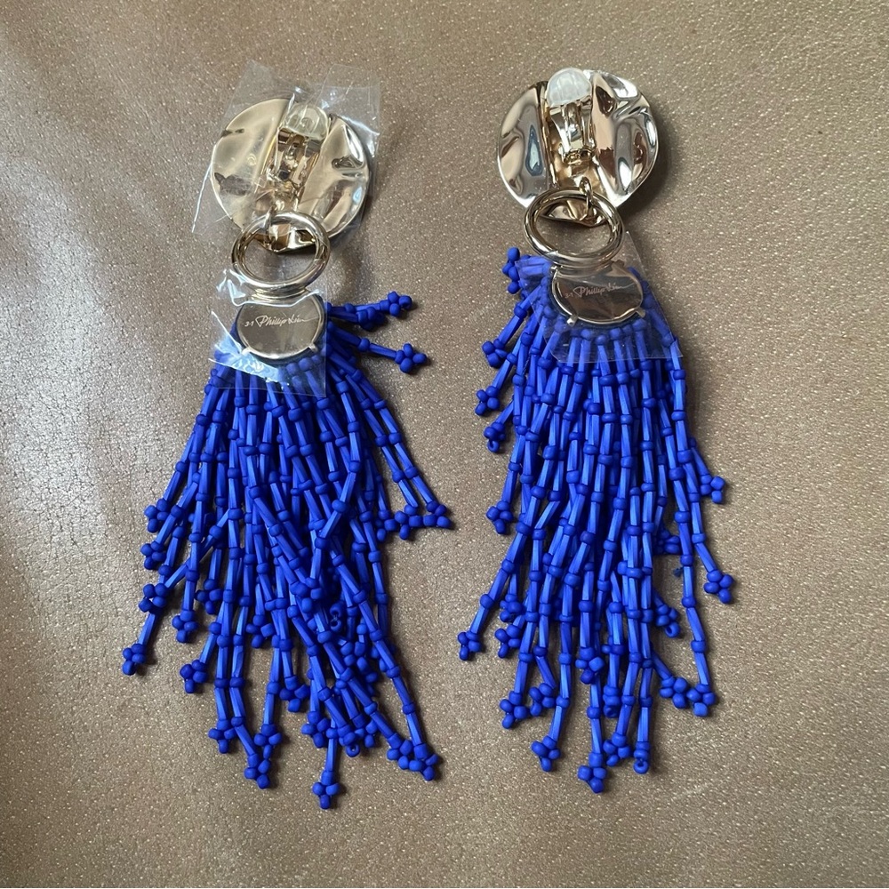 NWT Phillip Lim electric blue and gold beaded cascading earrings statement - Picture 5 of 8